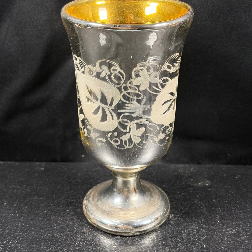 Antique Mercury Glass Goblet Silvered Gold Wash Etched Floral Bohemian Victorian